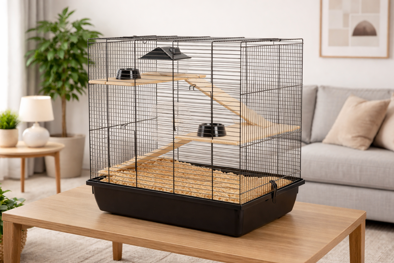 Schwarzer Nagerkäfig mit Holzrampen, Etagen und Zubehör auf Holztisch im Wohnzimmer – Käfig für Hamster, Mäuse und Kleintiere