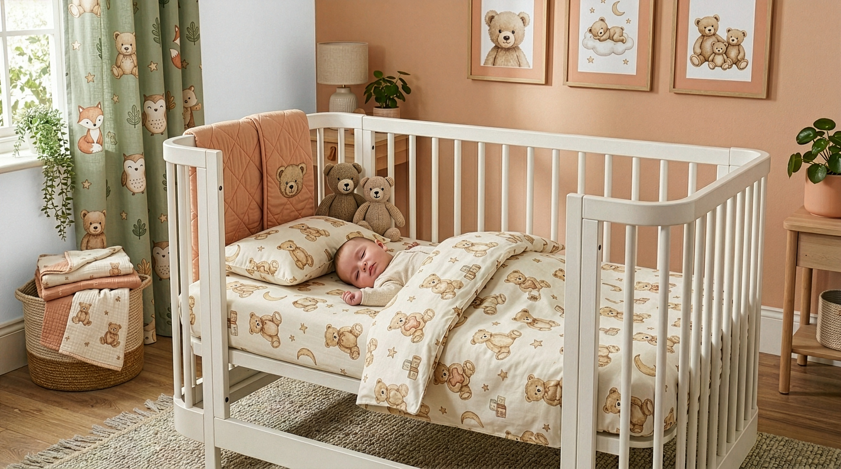 Schlafendes Baby in weißem Gitterbett mit cremefarbener Bettwäsche mit Teddybär-Motiv – Baby-Bettwäsche und Bettwaren für Neugeborene