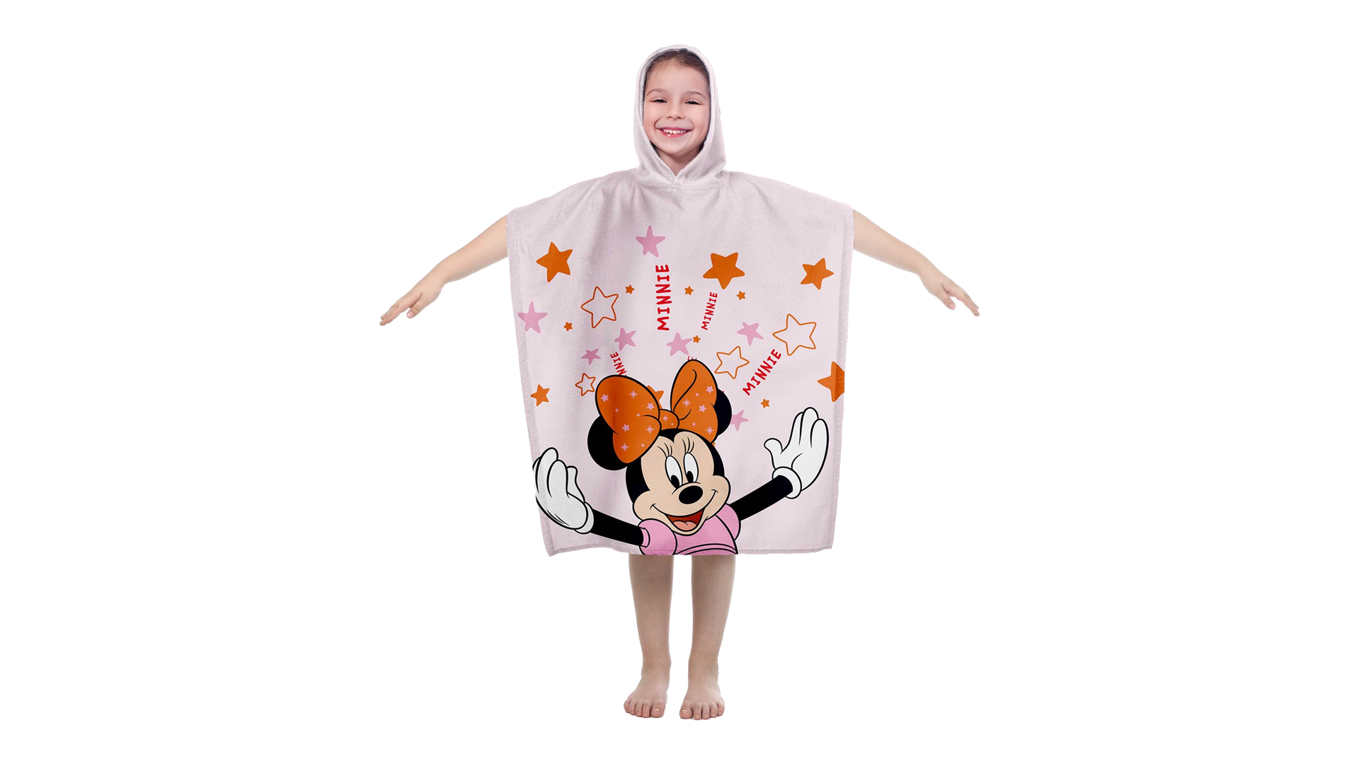 Mädchen trägt rosa Disney Minnie Mouse Badeponcho mit Kapuze und Sternen – Lizenz-Badeponcho für Kinder