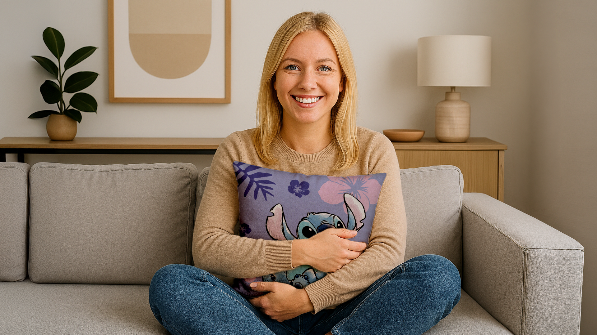 Lächelnde Frau auf grauem Sofa hält lilafarbenes Disney Stitch Dekokissen – Dekokissen mit Lizenzdesigns