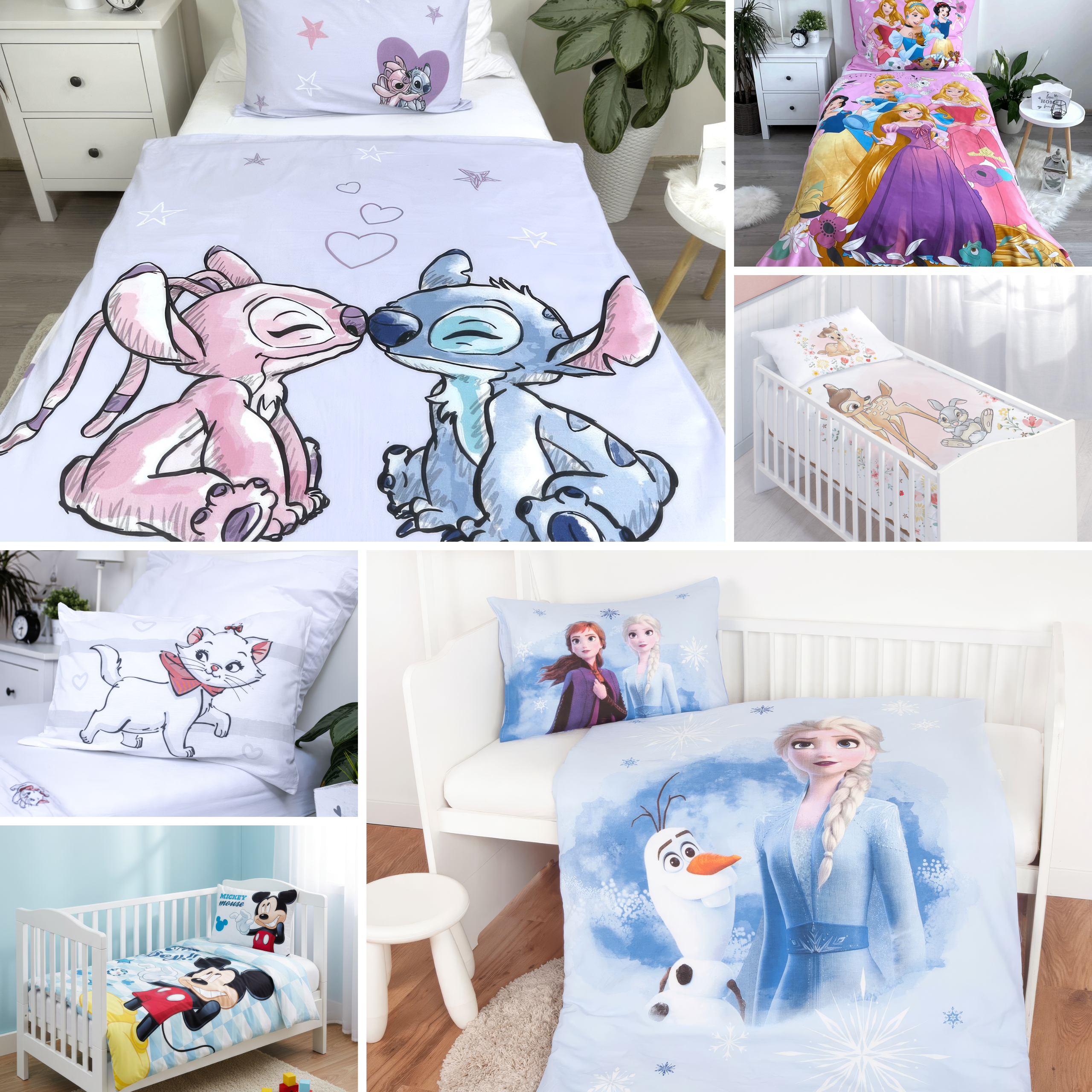 Bildcollage aus sechs verschiedenen Ambiente-Aufnahmen von Disney-Kinderbettwäsche; zeigt im Grid-Layout verschiedene Motive wie Stitch, die Prinzessinnen, Bambi, Marie, Micky Maus sowie Elsa und Olaf in hellen Kinderbetten.