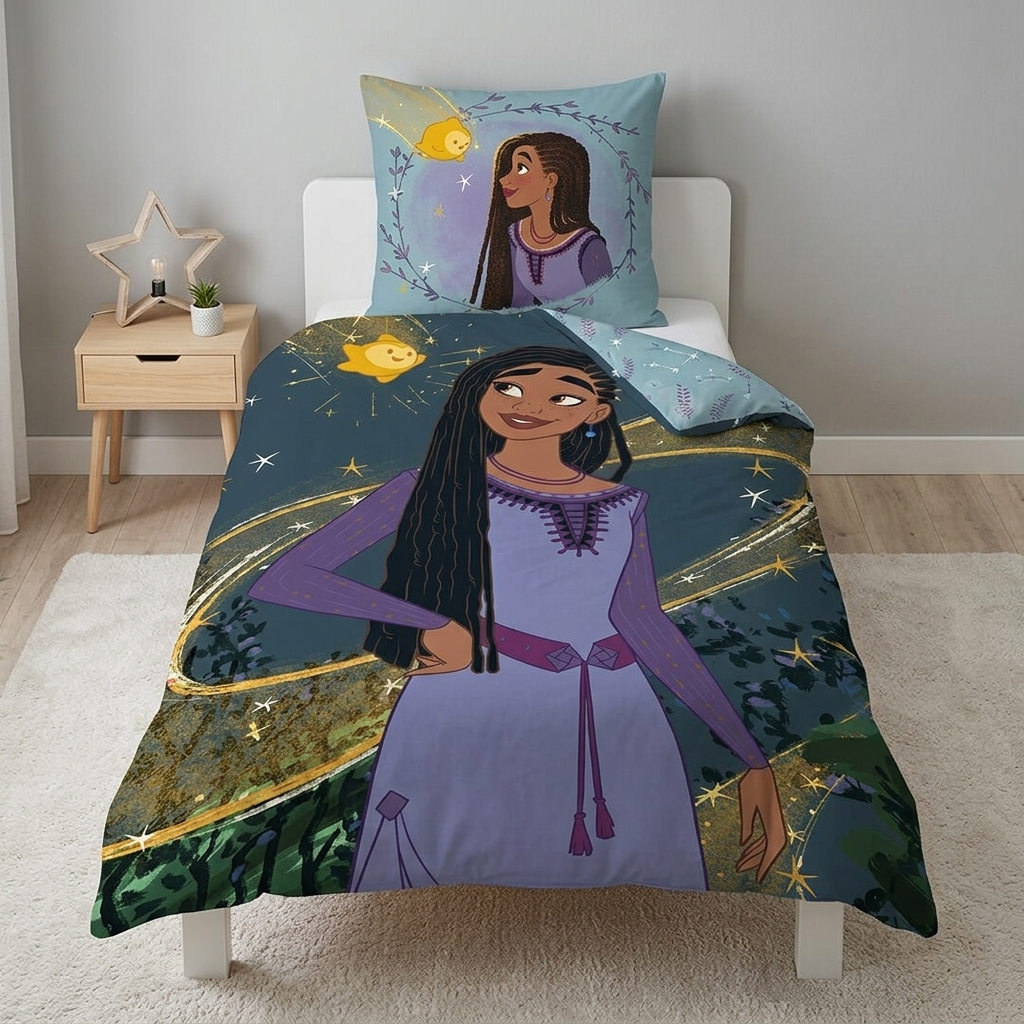 Aufgezogene Disney „Wish“-Kinderbettwäsche auf einem weißen Holzbett mit der Hauptfigur Asha und dem gelben Stern Star auf Kissen und Deckenbezug.
