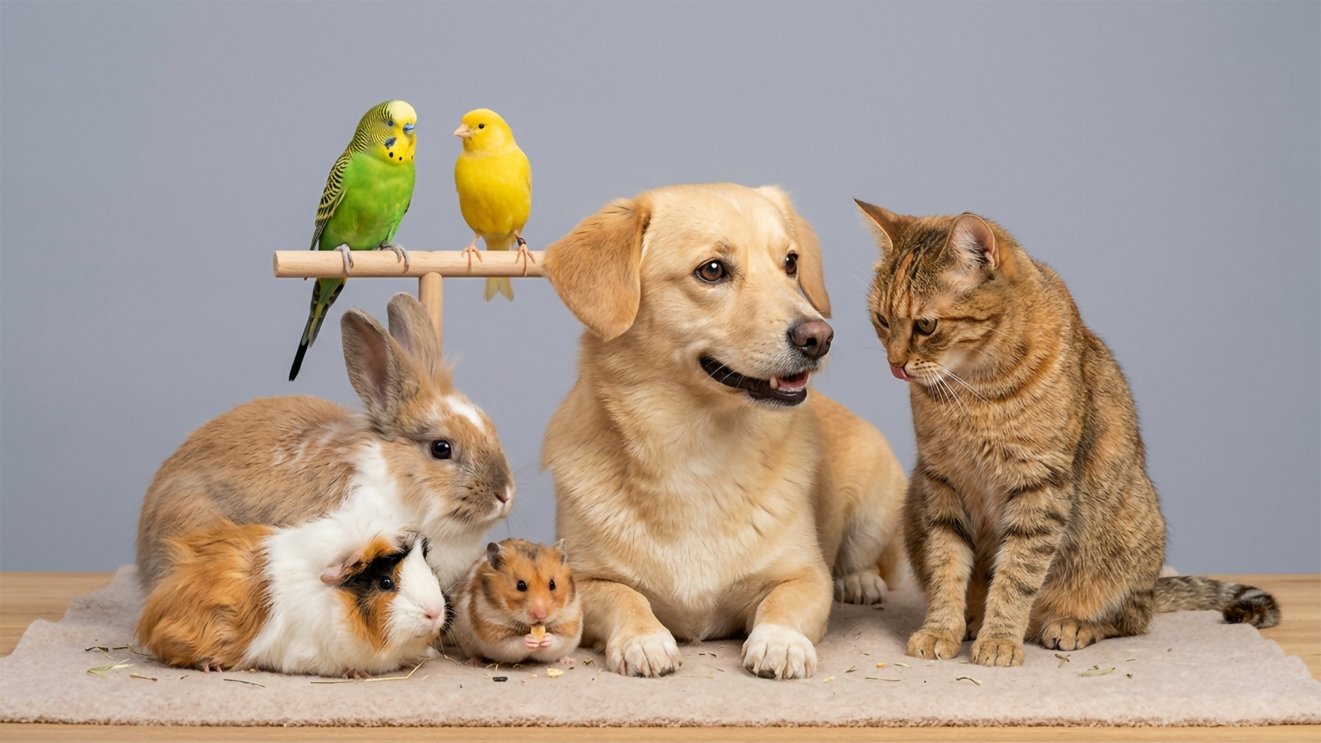 Wellensittiche, Kaninchen, Meerschweinchen, Hamster, Golden Retriever und Katze gemeinsam auf einer Matte – Heimtierbedarf für alle Haustiere