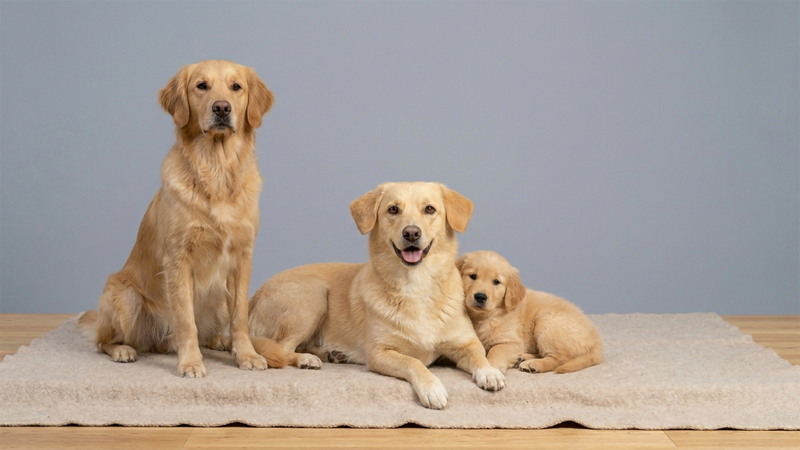 Zwei Golden Retriever und ein Welpe auf grauer Matte – Hundebedarf und Zubehör für Hunde