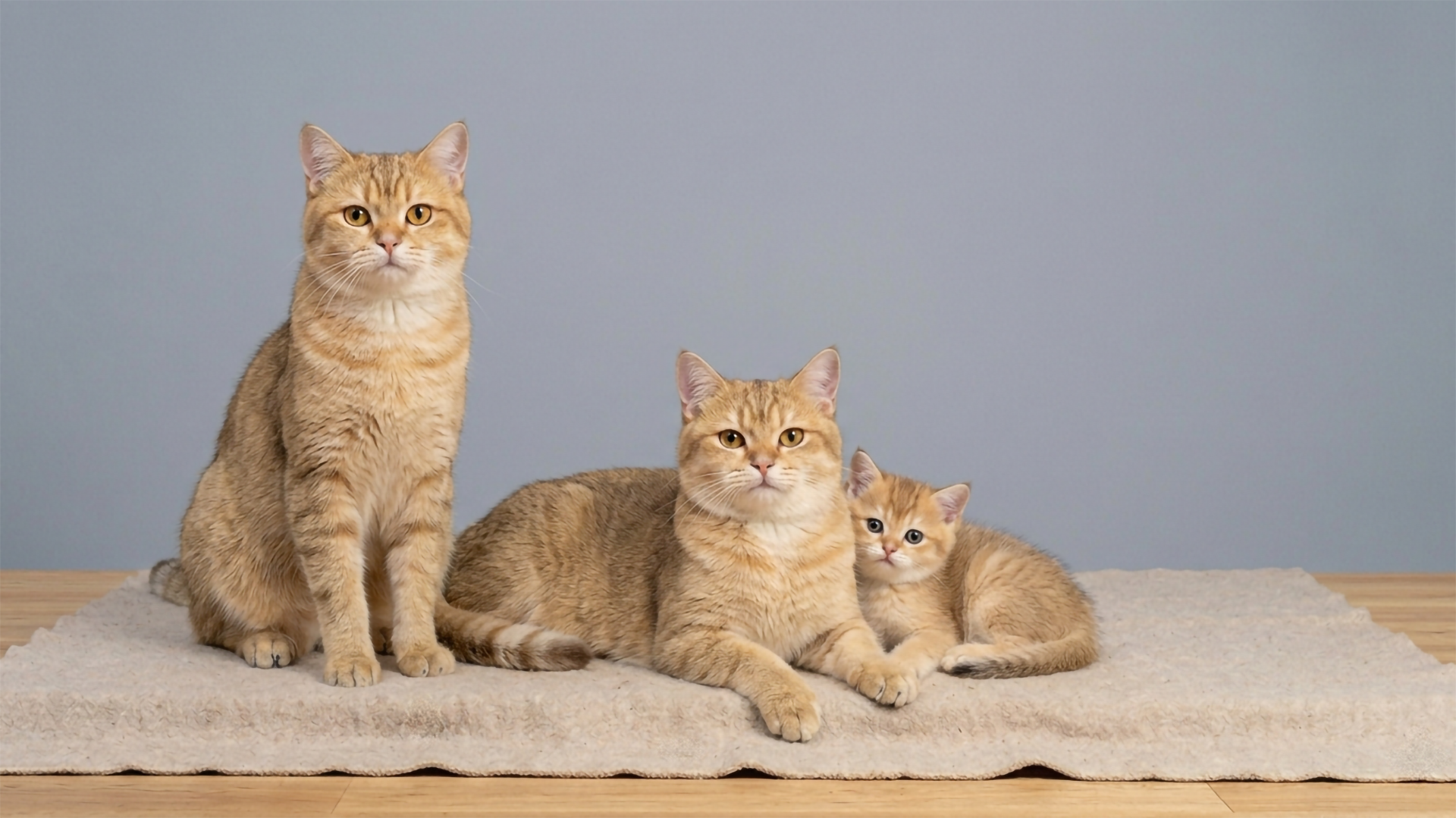 Drei orangefarbene Katzen – Mutter mit zwei Jungtieren auf beiger Matte – Katzenbedarf und Zubehör für Katzen