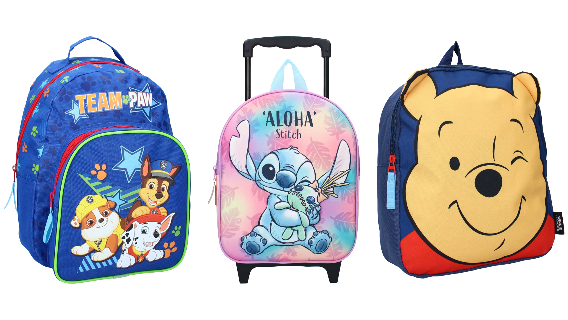 Drei Kinder-Lizenzrucksäcke – Paw Patrol blau, Stitch Aloha Trolley rosa und Winnie Pooh 3D-Rucksack – Kinderkoffer und Rucksäcke mit Lizenzdesigns