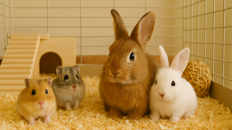 Zwei Hamster, ein braunes und ein weißes Kaninchen im Stroh vor Holzhäuschen und Gitterkäfig – Kleintierbedarf für Kaninchen und Kleintiere
