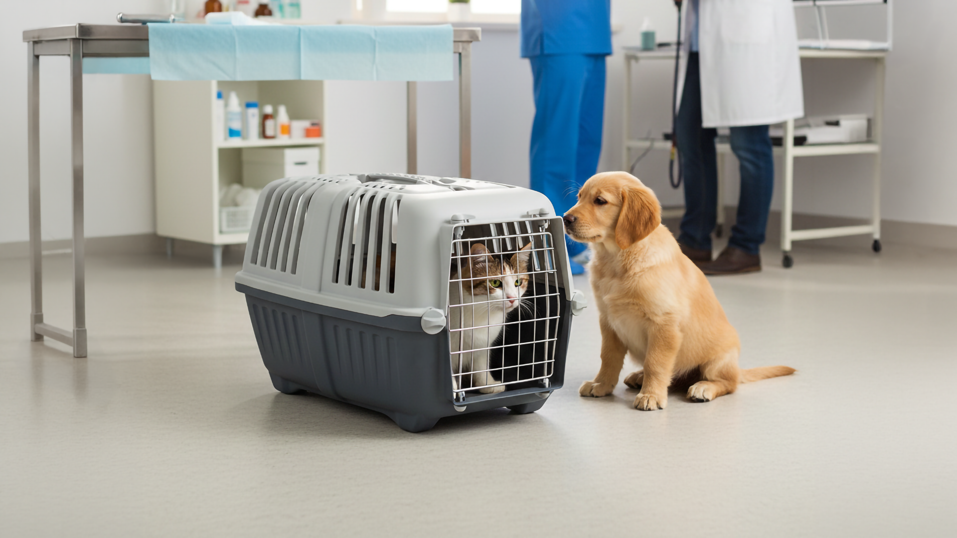 Golden Retriever Welpe sitzt neben grauer Kunststoff-Transportbox mit Katze darin beim Tierarzt – Transportboxen für Hunde und Katzen
