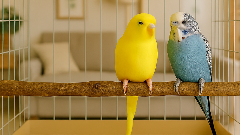 Gelber und blauer Wellensittich sitzen nebeneinander auf Naturholzstange im hellen Vogelkäfig – Vogelbedarf für Wellensittiche und Sittiche
