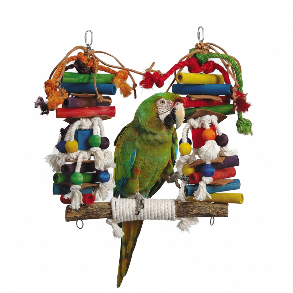 Freigestellte Ansicht des farbenfrohen Kletterspielplatzes für Vögel mit verschiedenen Holzelementen, bunten Perlen und Aufhängungen auf weißem Hintergrund. Ein Papagei sitzt auf der Vogelschaukel.