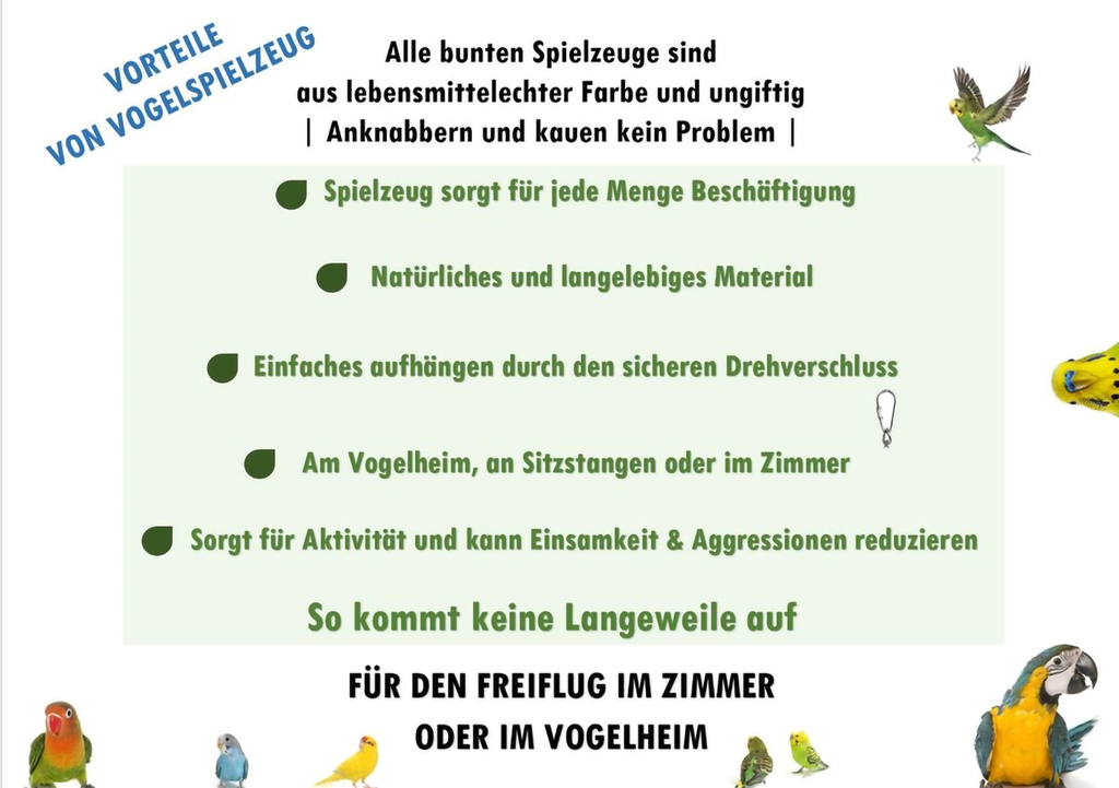 Eine Infografik zu den Vorteilen des Vogelspielzeugs mit Aufzählungen zu Beschäftigung, ungiftigen lebensmittelechten Farben und Einsatzmöglichkeiten für den Freiflug im Zimmer oder im Vogelheim.