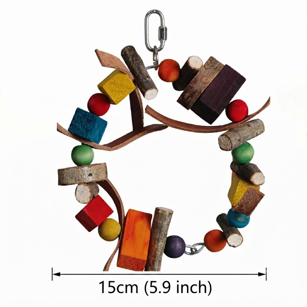 Freigestellte Produktansicht von Papageienschaukel 15cm - Naturholz-Ring mit Leder Vogelspielzeug mit Abmessungen neben dem Produkt.