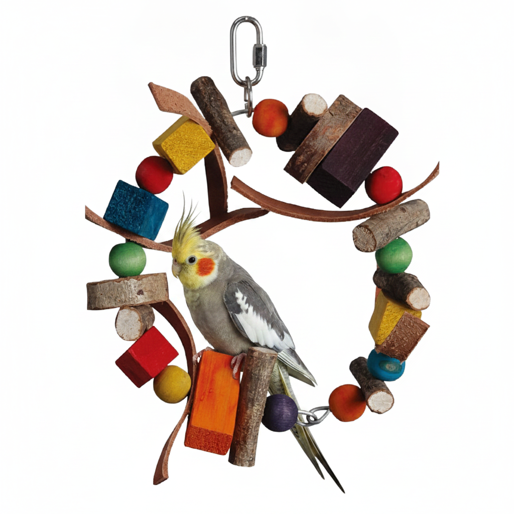 Freigestellte Produktansicht von Papageienschaukel 15cm - Naturholz-Ring mit Leder Vogelspielzeug mit einem Nymphensittich
