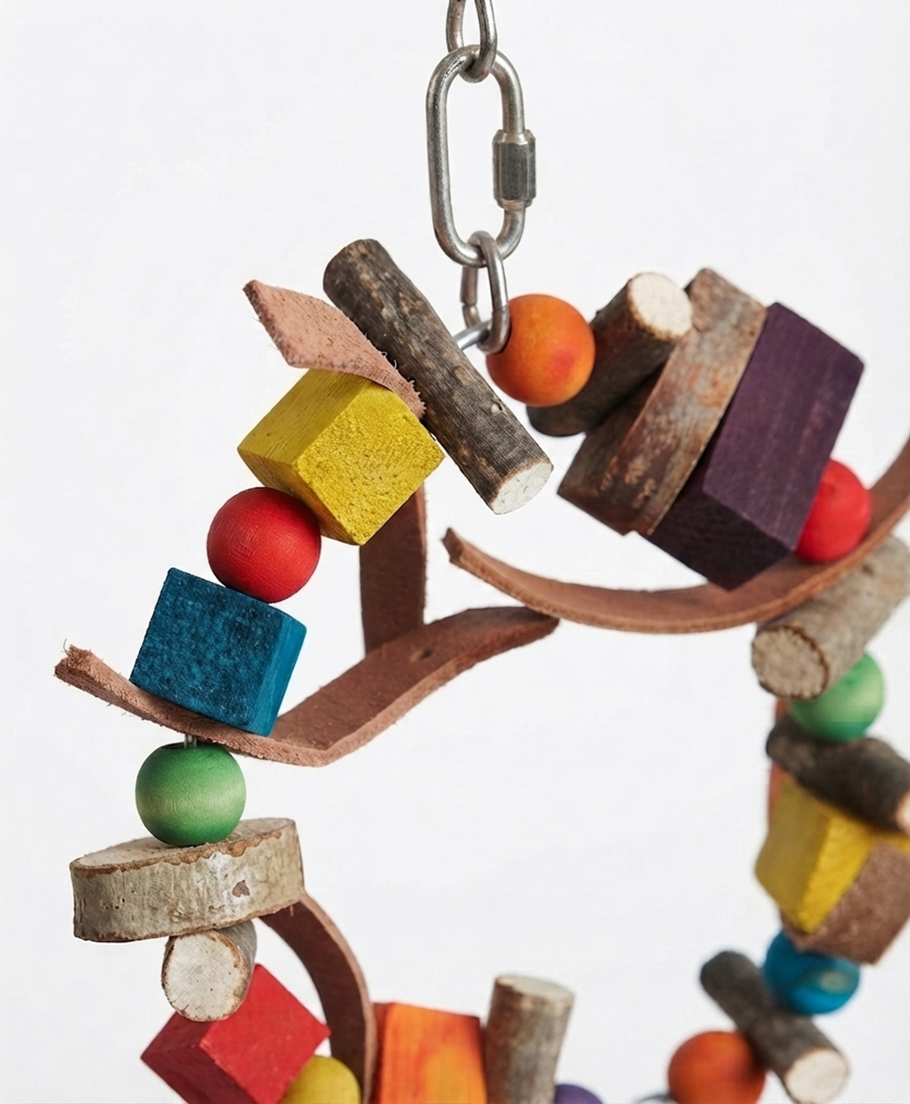 Nahaufnahme der Papageienschaukel 15cm - Naturholz-Ring mit Leder Vogelspielzeug