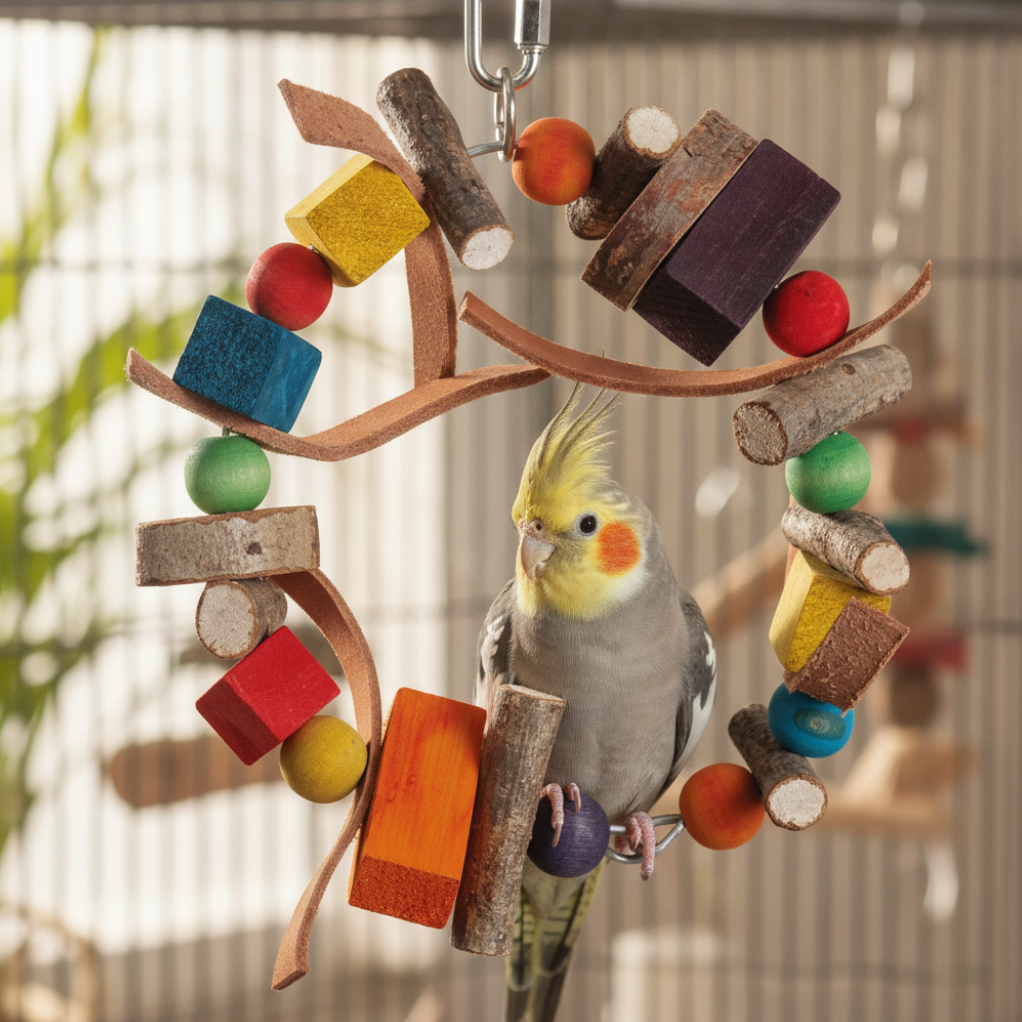 Papageienschaukel 15cm - Naturholz-Ring mit Leder Vogelspielzeug in einem Vogelkäfig mit einem Nymphensittich