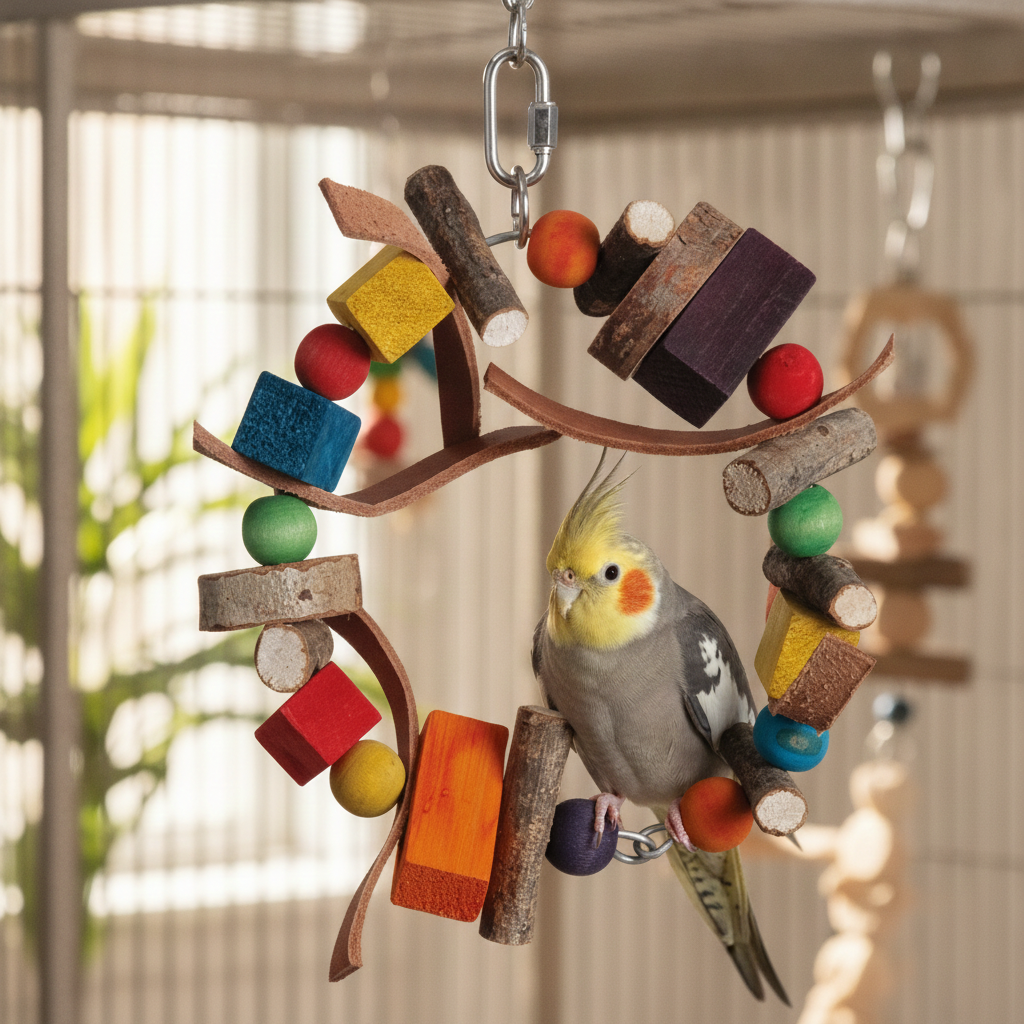 Papageienschaukel 15cm - Naturholz-Ring mit Leder Vogelspielzeug mit einem Nymphensittich