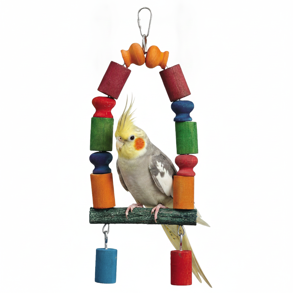 Freigestellte Produktansicht vom Vogelspielzeug 35cm Bunte Papageienschaukel mit Sitzstange aus Holz mit einem Nymphensittich