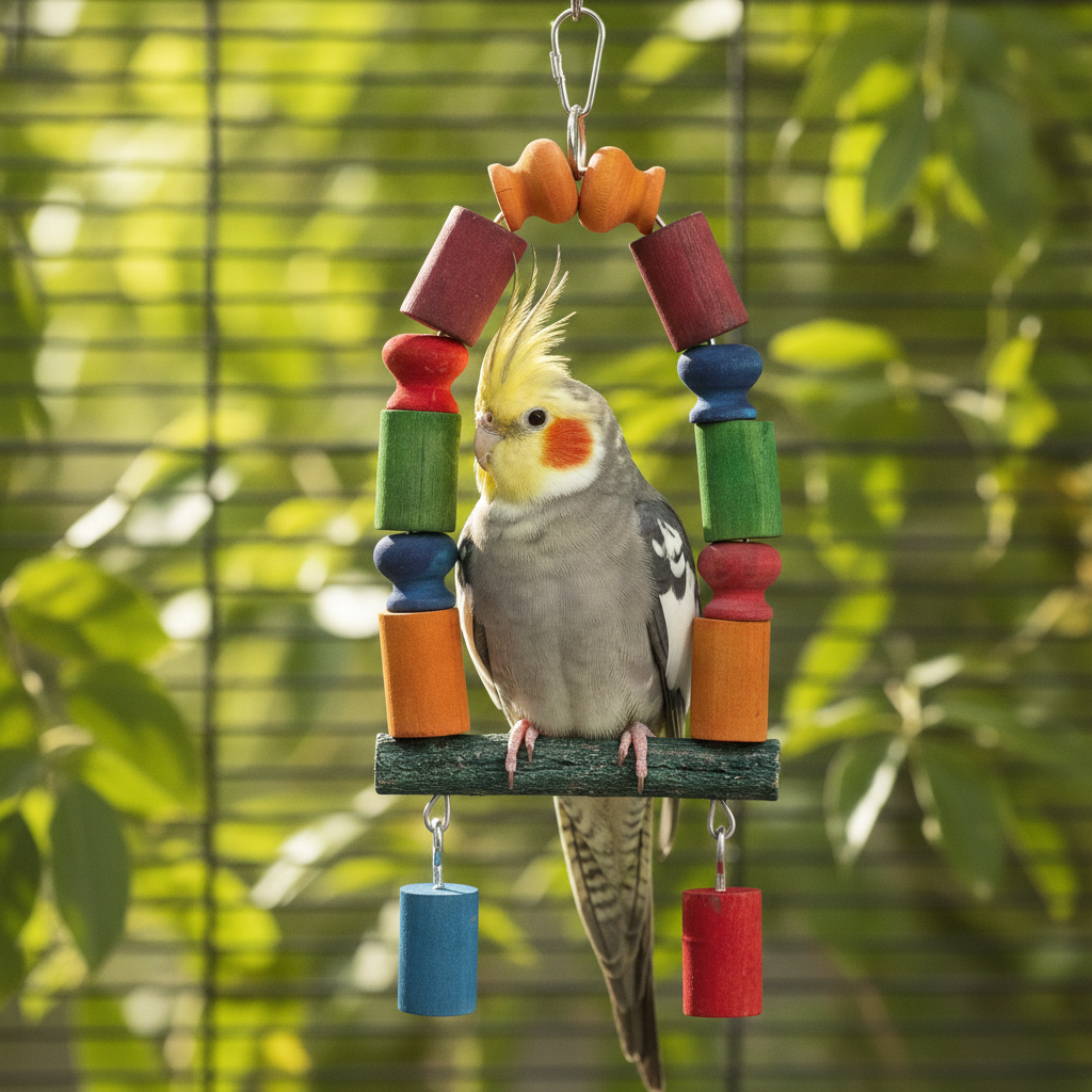 Vogelspielzeug 35cm Bunte Papageienschaukel mit Sitzstange aus Holz mit einem Nymphensittich