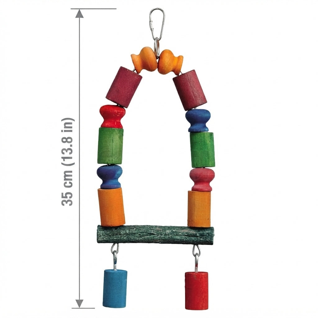 Vogelspielzeug 35cm Bunte Papageienschaukel mit Sitzstange aus Holz mit Abmessungen neben dem Produkt