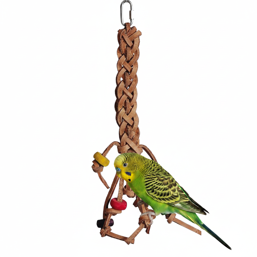 Freigestellte Produktansicht von Papageienspielzeug Vogelspielzeug Lederzopf mit Holzelementen 37 cm mit einem Wellensittich