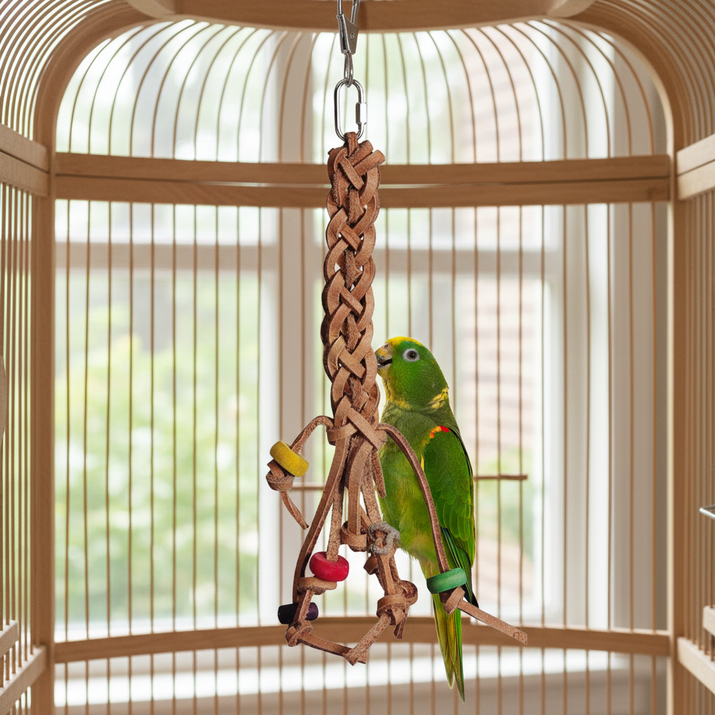 Papageienspielzeug Vogelspielzeug Lederzopf mit Holzelementen 37 cm in einem Käfig mit einem Vogel