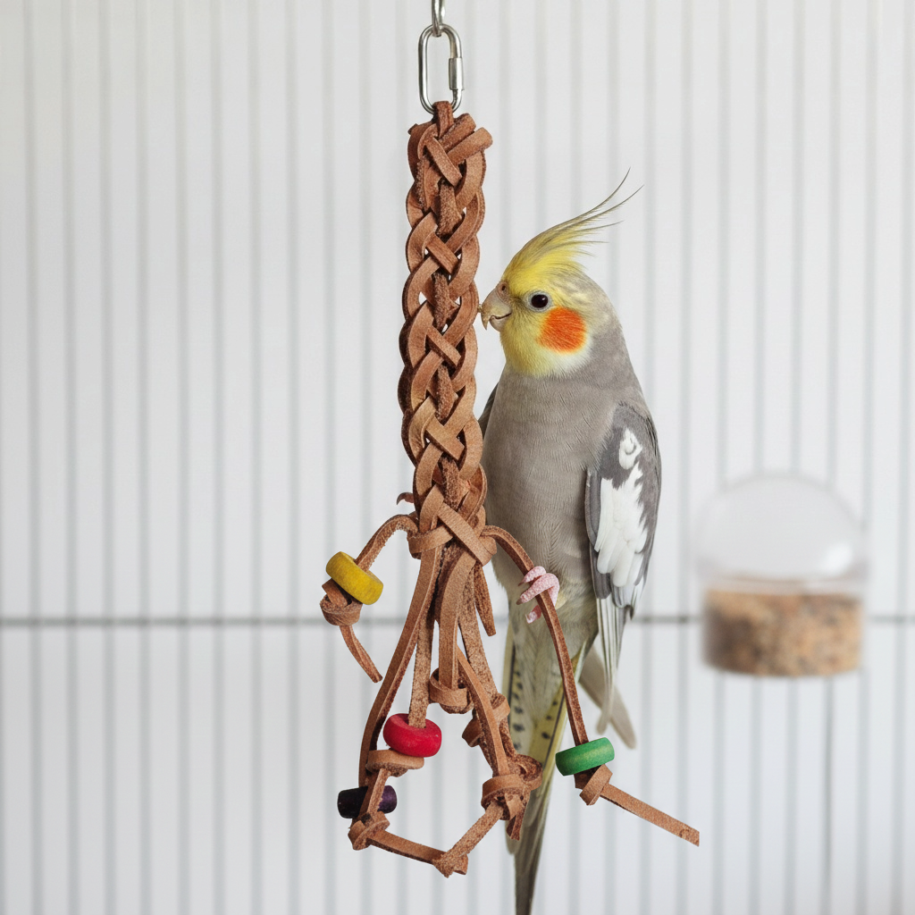 Papageienspielzeug Vogelspielzeug Lederzopf mit Holzelementen 37 cm mit einem Nymphensittich