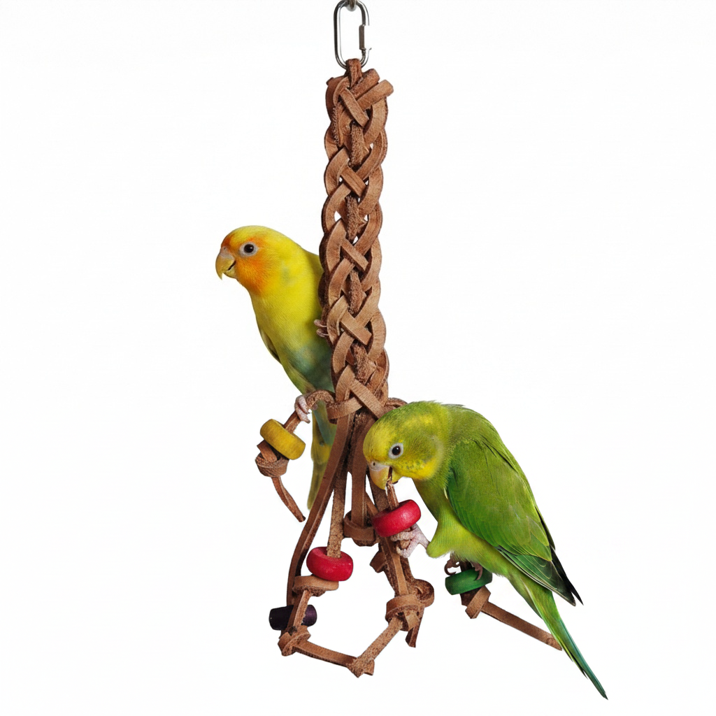Freigestellte Produktansicht von Papageienspielzeug Vogelspielzeug Lederzopf mit Holzelementen 37 cm mit zwei Vögeln