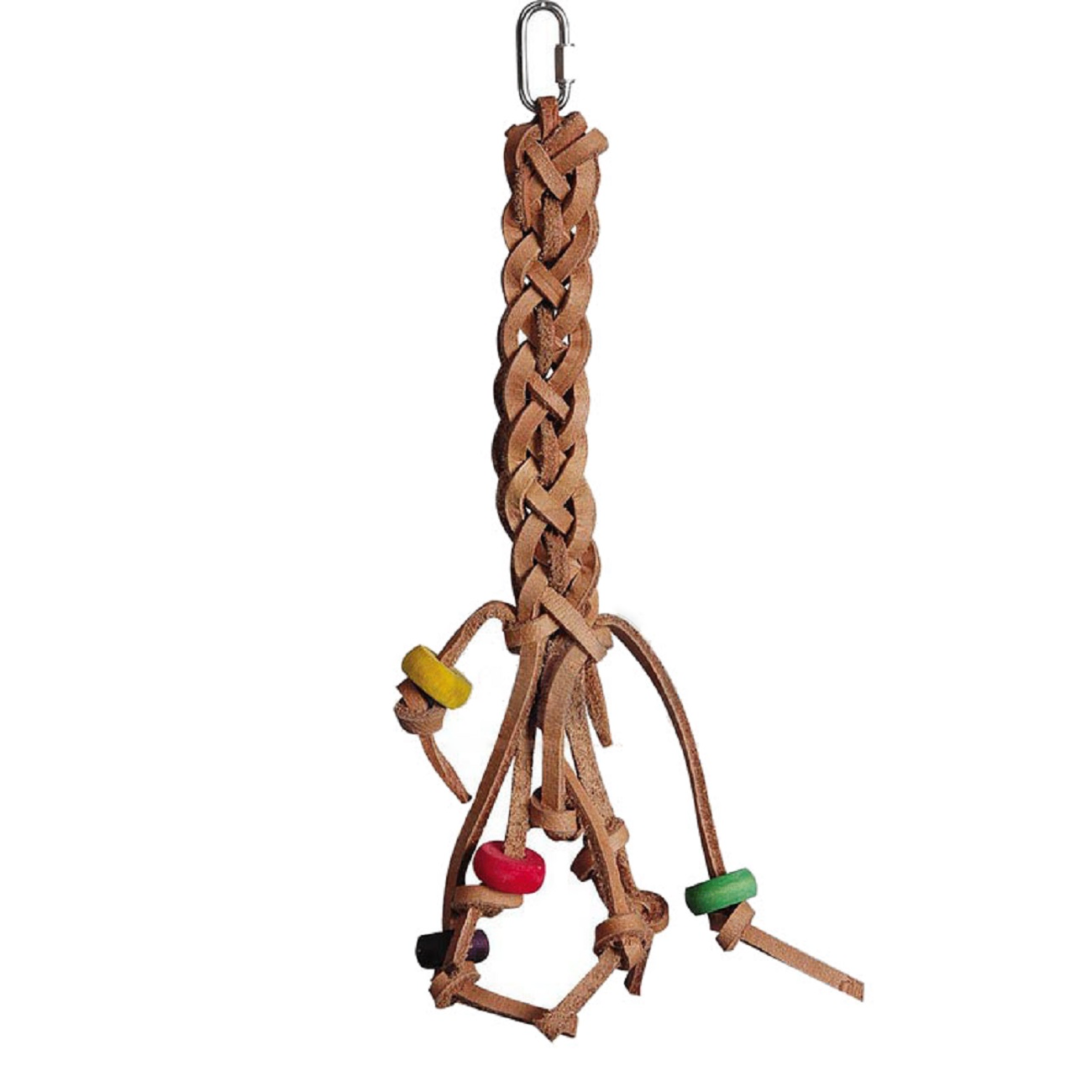 Freigestellte Produktansicht von Papageienspielzeug Vogelspielzeug Lederzopf mit Holzelementen 37 cm