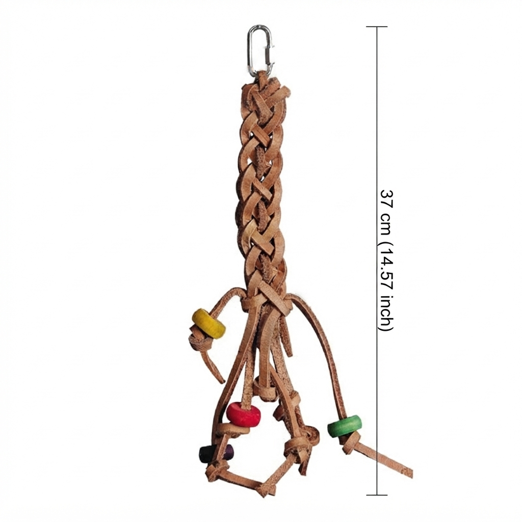 Freigestellte Produktansicht von Papageienspielzeug Vogelspielzeug Lederzopf mit Holzelementen 37 cm mit Abmessungen