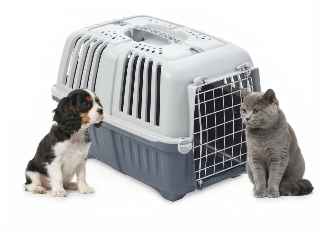 Ein kleiner Welpe und eine graue Katze sitzen neugierig direkt neben der grauen Transportbox.