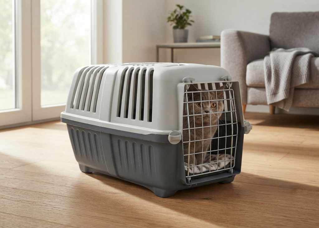 Eine gemütliche Wohnzimmerszene, in der eine graue Katze entspannt aus der geöffneten Metalltür der Transportbox blickt.