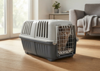 Eine gemütliche Wohnzimmerszene, in der eine graue Katze entspannt aus der geöffneten Metalltür der Transportbox blickt.