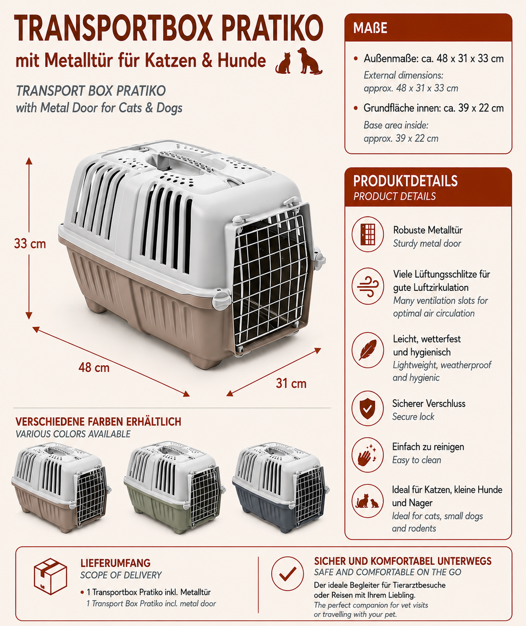 Eine informative Produktgrafik der Transportbox Pratiko mit Metalltür für Katzen und Hunde, inklusive Maßangaben von 48 x 31 x 33 cm, Produktdetails, Farbvarianten und Lieferumfang.