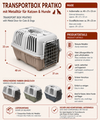 Eine informative Produktgrafik der Transportbox Pratiko mit Metalltür für Katzen und Hunde, inklusive Maßangaben von 48 x 31 x 33 cm, Produktdetails, Farbvarianten und Lieferumfang.