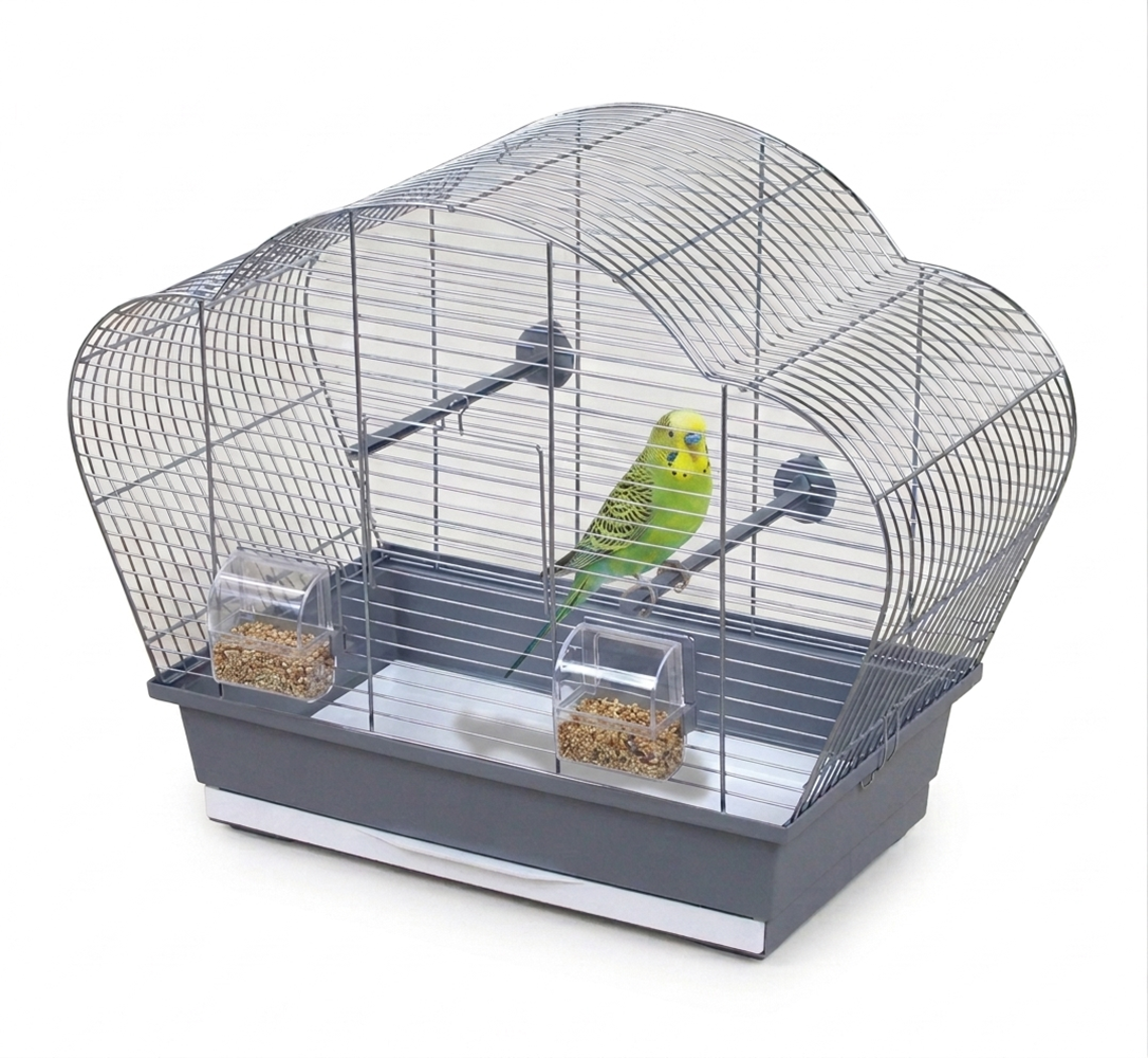Freigestellter Vogelkäfig Beta Chrom/Grau Vogelheim für Sittiche & Vögel 56x28x44cm mit Wellensittich und Futter in den Futtertrögen