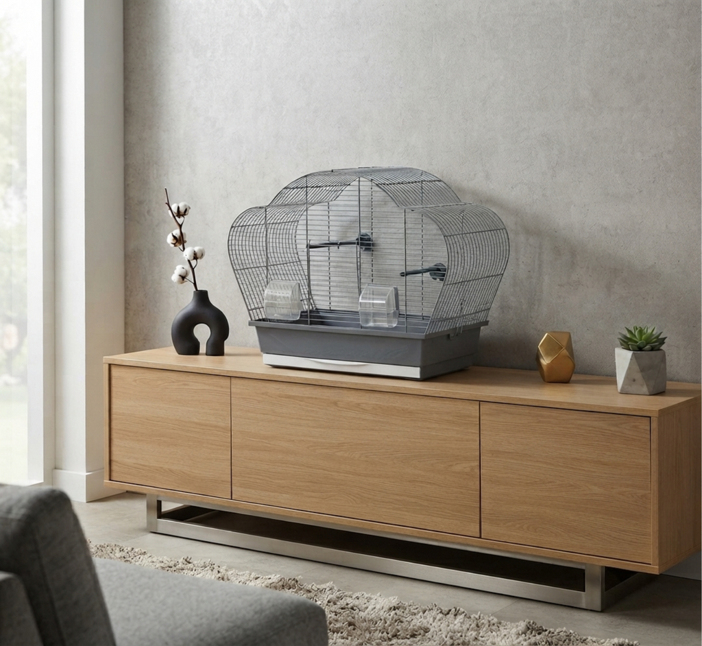 Vogelkäfig Beta Chrom/Grau Vogelheim für Sittiche & Vögel 56x28x44cm auf einem modernen Wohnzimmerschrank.