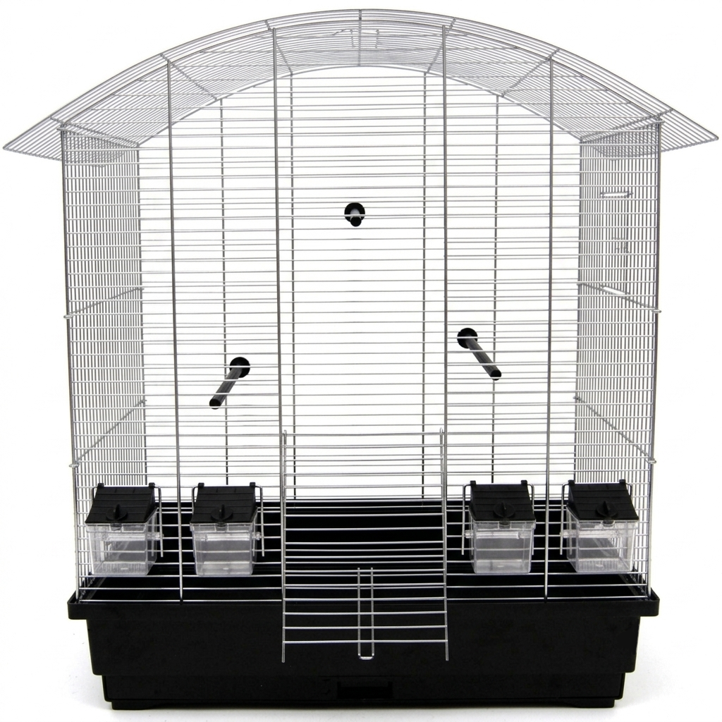 Freigestellte Ansicht von vorne des Vogelkäfig Ula Chrom/Schwarz für Wellensittiche Vogelheim mit Zubehör