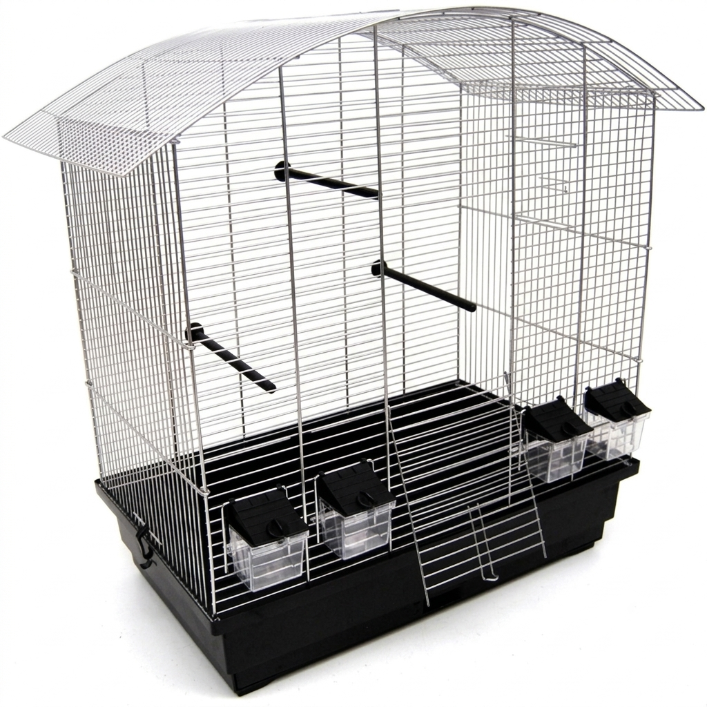 Schräge freigestellte Ansicht von Vogelkäfig Ula Chrom/Schwarz für Wellensittiche Vogelheim mit Zubehör