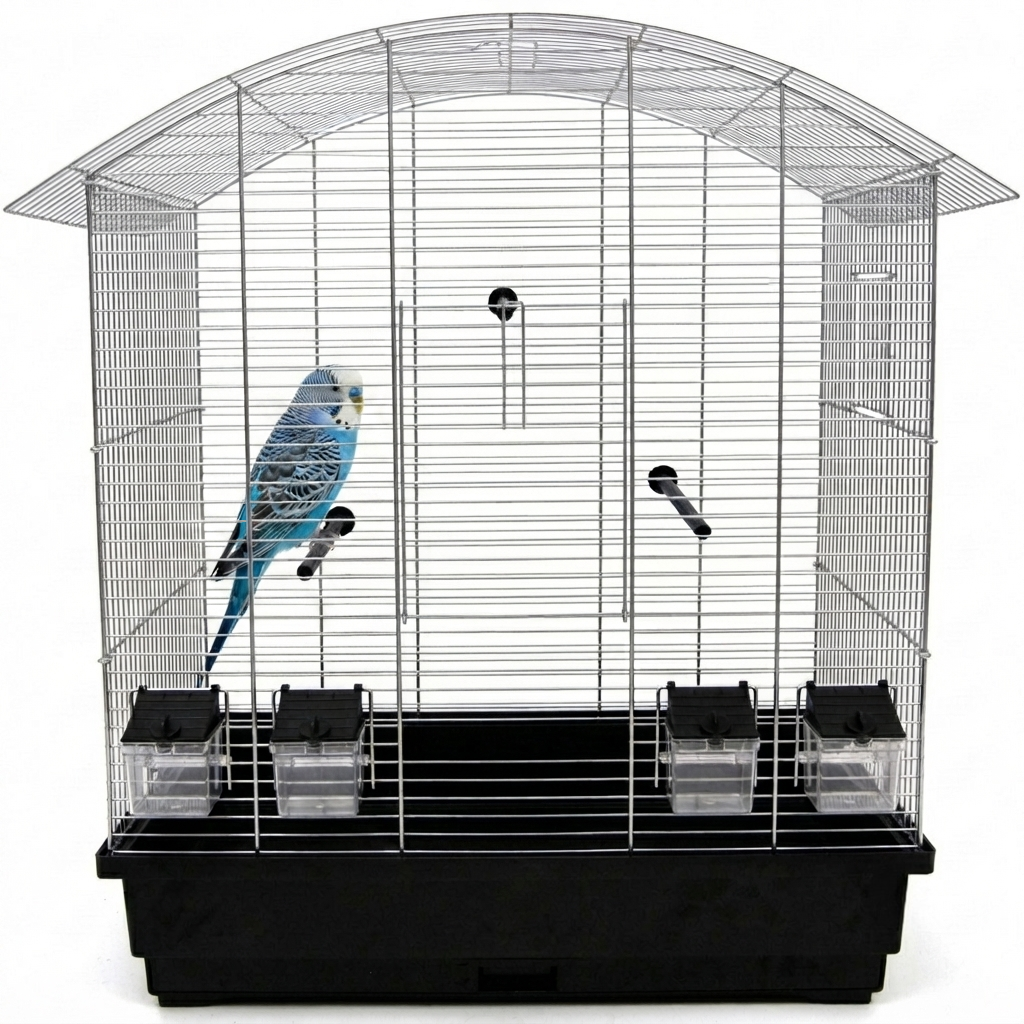 Vogelkäfig Ula Chrom/Schwarz für Wellensittiche Vogelheim mit Zubehör mit Wellensittich auf einer Sitzstange