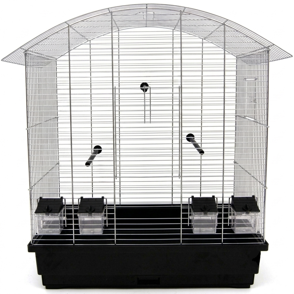 Freigestellte Ansicht von vorne mit geschlossener Tür des Vogelkäfig Ula Chrom/Schwarz für Wellensittiche Vogelheim mit Zubehör