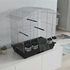 Vogelkäfig Ula Chrom/Schwarz für Wellensittiche Vogelheim mit Zubehör auf einem modernen Wohnzimmerschrank