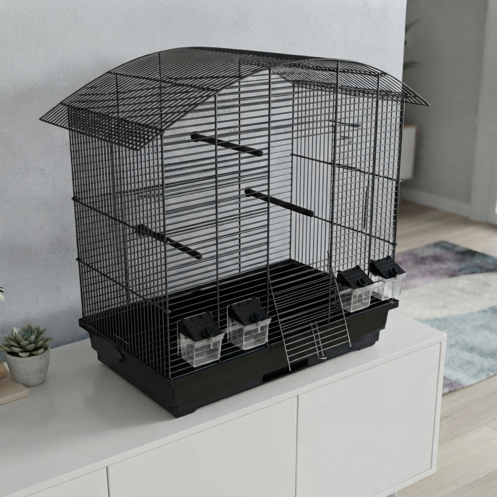 Vogelkäfig Ula Schwarz für Wellensittiche & Kanarien mit Zubehör auf einem modernen Wohnzimmerschrank