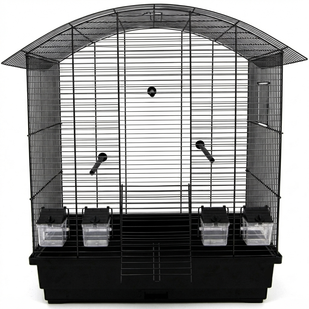 Frontale freigestellte Produktansicht von Vogelkäfig Ula Schwarz für Wellensittiche & Kanarien mit Zubehör