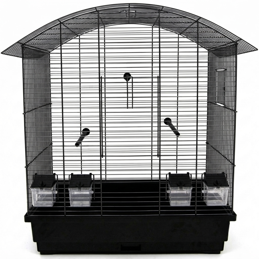 Frontale freigestellte Produktansicht mit geschlossener Tür von Vogelkäfig Ula Schwarz für Wellensittiche & Kanarien mit Zubehör