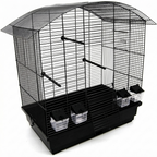 Schräge freigestellte Produktansicht von Vogelkäfig Ula Schwarz für Wellensittiche & Kanarien mit Zubehör