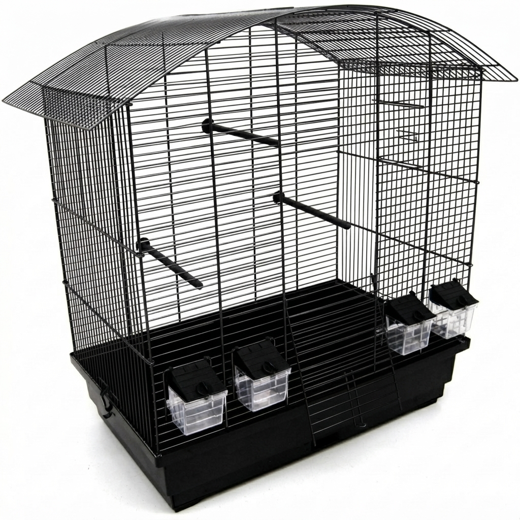 Schräge freigestellte Produktansicht von Vogelkäfig Ula Schwarz für Wellensittiche & Kanarien mit Zubehör