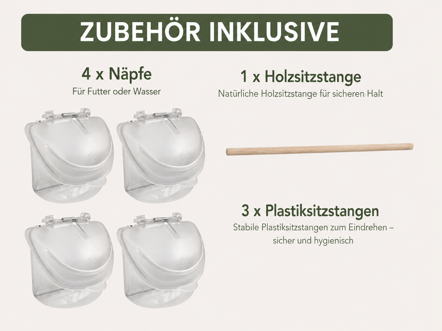 Eine übersichtliche Darstellung des im Lieferumfang enthaltenen Zubehörs für das Modell "Ambra mit Ständer", bestehend aus 4 Näpfen, 1 Holzsitzstange und 3 Plastiksitzstangen.