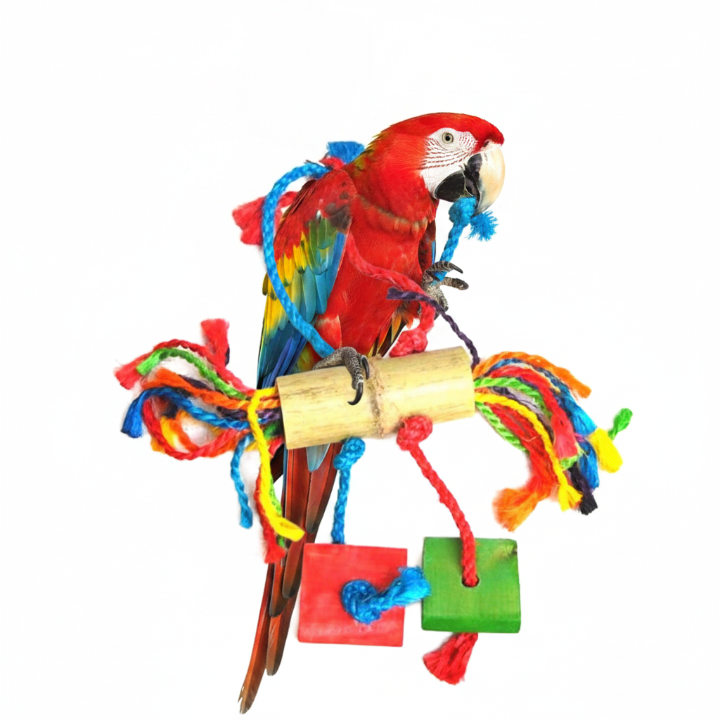 Freigestellte Produktansicht von Papageienspielzeug Vogelspielzeug Kletterseil mit Holz-Details 36 cm mit einem roten Papageien