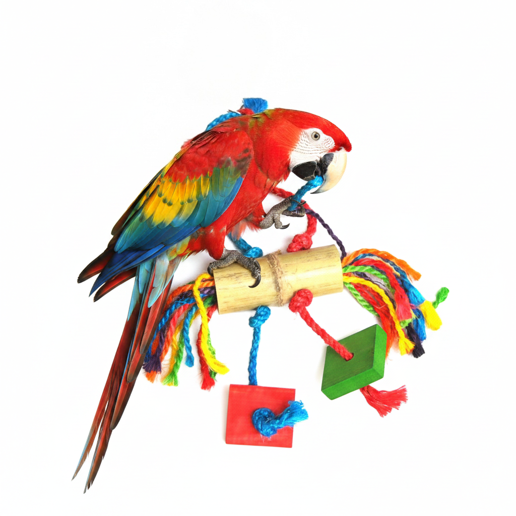 Freigestellte Produktansicht von Papageienspielzeug Vogelspielzeug Kletterseil mit Holz-Details 36 cm mit einem roten Papageien
