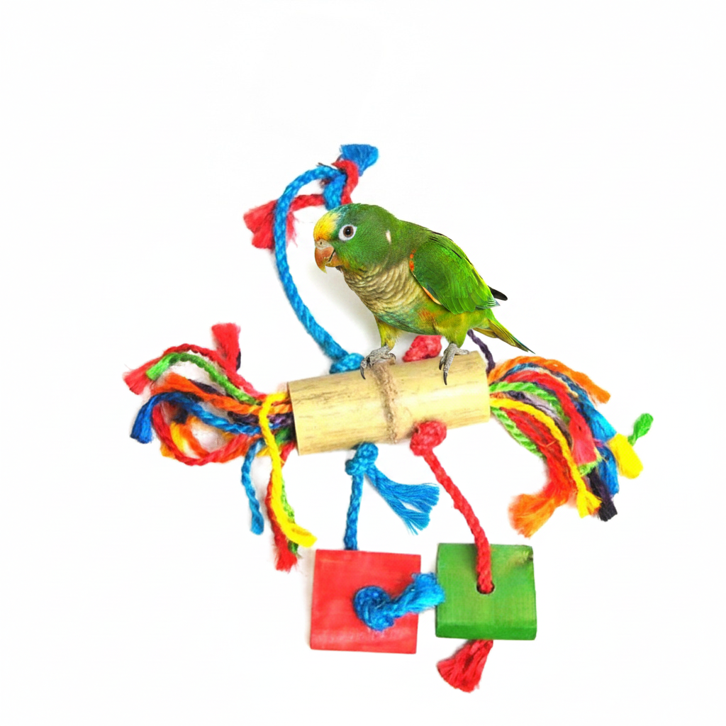 Freigestellte Produktansicht von Papageienspielzeug Vogelspielzeug Kletterseil mit Holz-Details 36 cm mit einem grünen Vogel